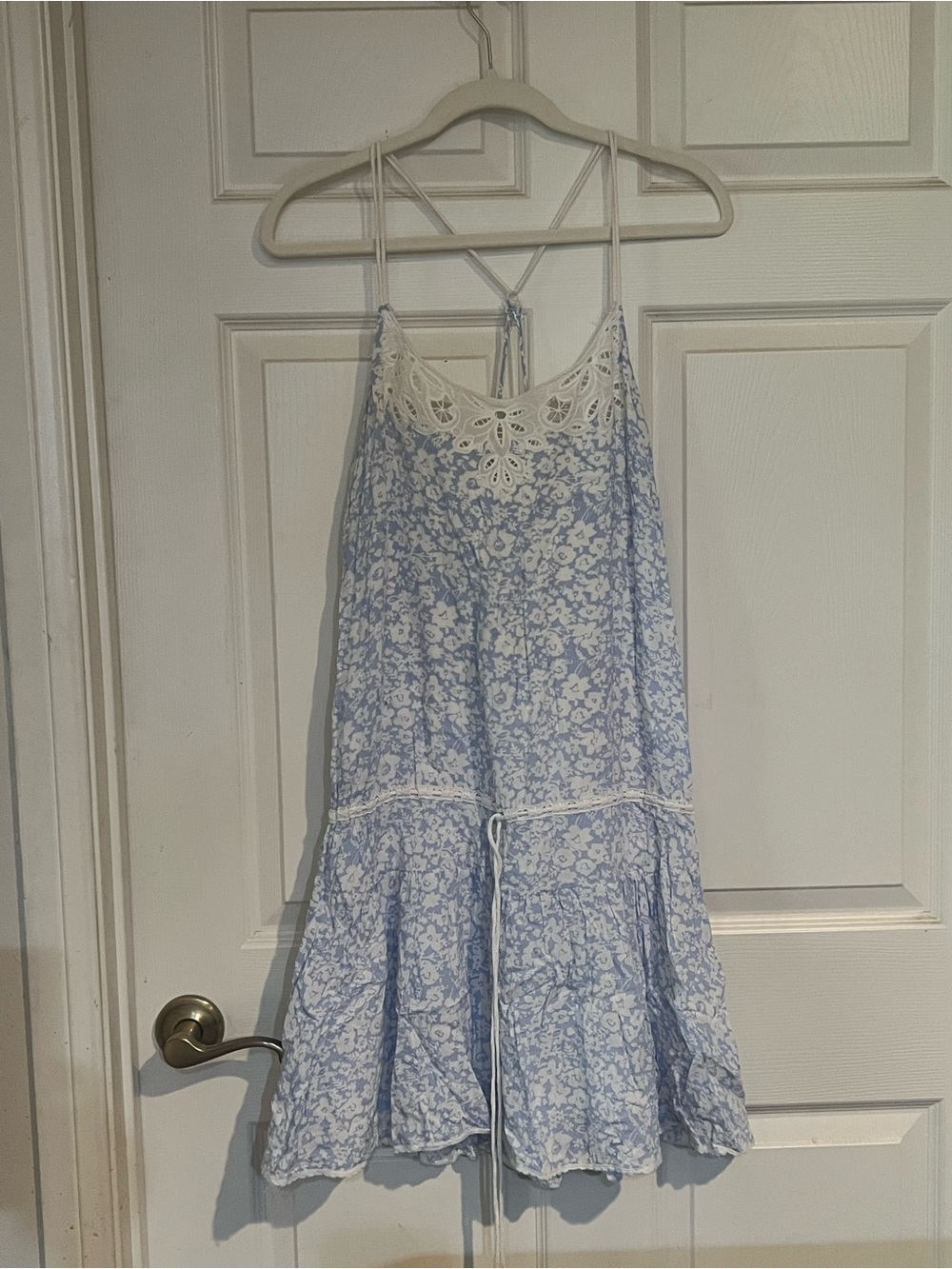 American Eagle Outfitters White and Light Blue Floral Lace Sundress